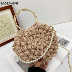 Summer Women Shoulder Bag Ice Silk Weave Round Shape Women Handbag