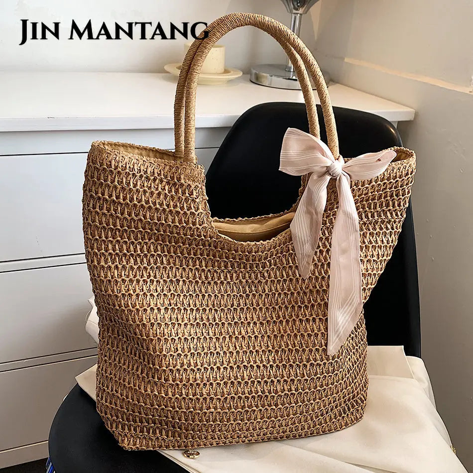 Summer Women's Straw Tote Bag Ribbons Shoulder Bags Bohemia Lady Beach Handb