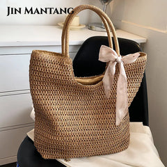 Summer Women's Straw Tote Bag Ribbons Shoulder Bags Bohemia Lady Beach Handb