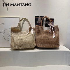 Summer Women's Straw Tote Bag Ribbons Shoulder Bags Bohemia Lady Beach Handb