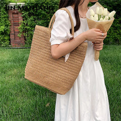 Summer Women's Straw Tote Bag Ribbons Shoulder Bags Bohemia Lady Beach Handb