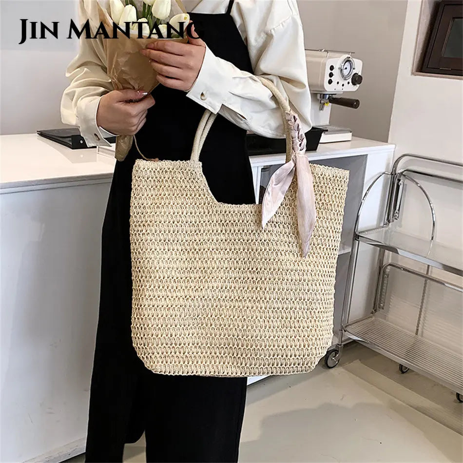 Summer Women's Straw Tote Bag Ribbons Shoulder Bags Bohemia Lady Beach Handb