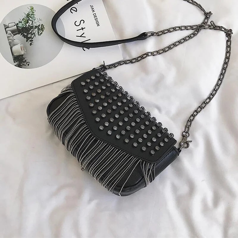 Tassel Diamonds Mini Chain Shoulder Bag Crossbody Leather Rivets Female