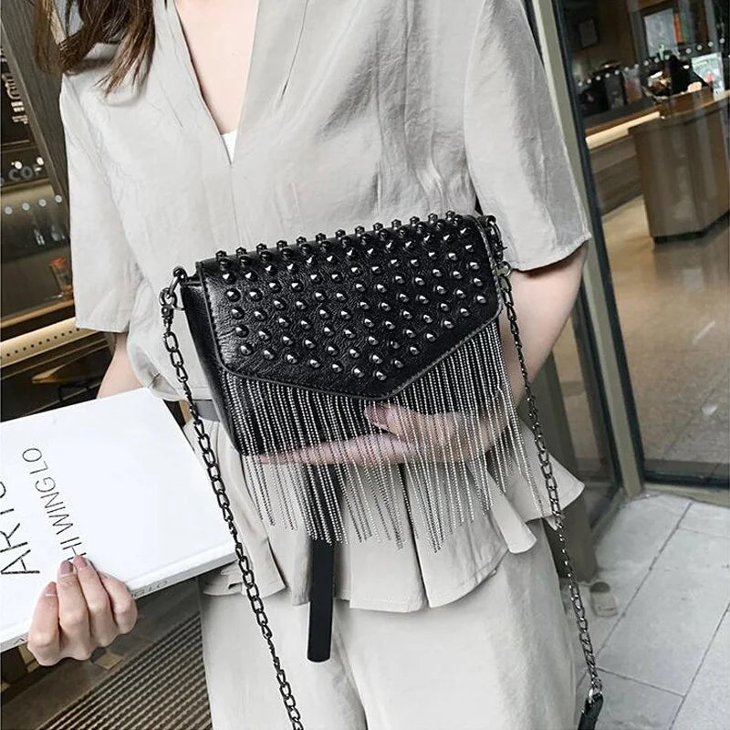 Tassel Diamonds Mini Chain Shoulder Bag Crossbody Leather Rivets Female