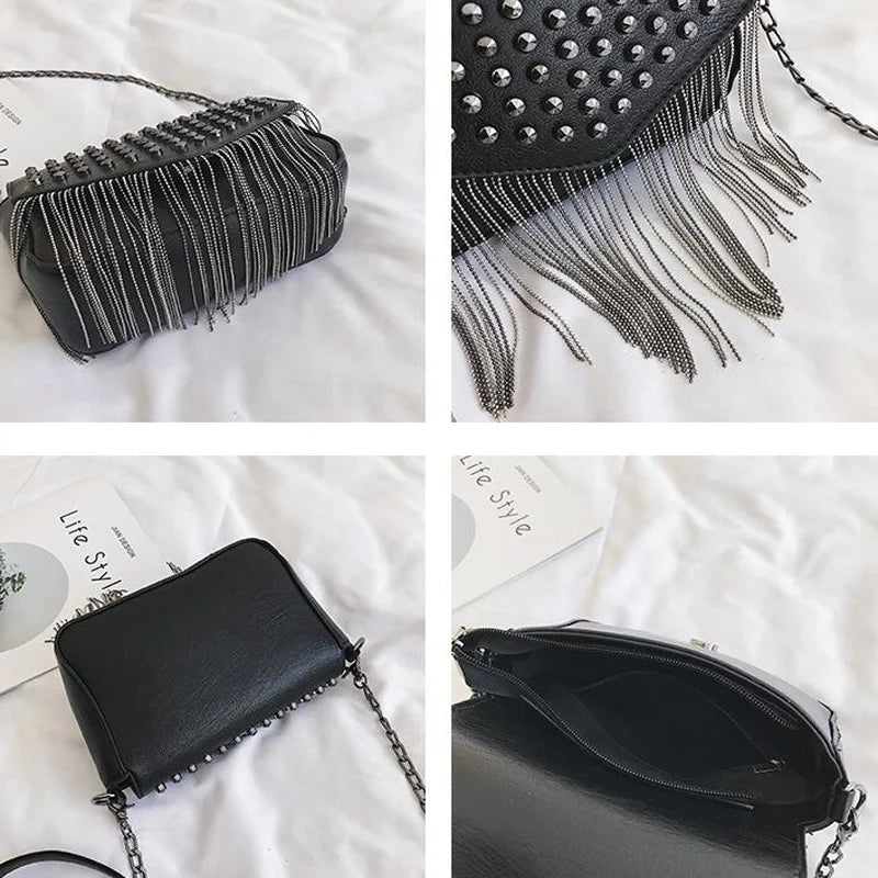 Tassel Diamonds Mini Chain Shoulder Bag Crossbody Leather Rivets Female