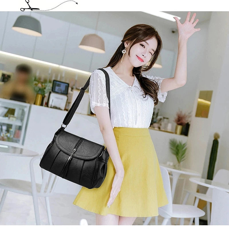 Tassel Shoulder Bag Solid PU Leather Crossbody Large Capacity