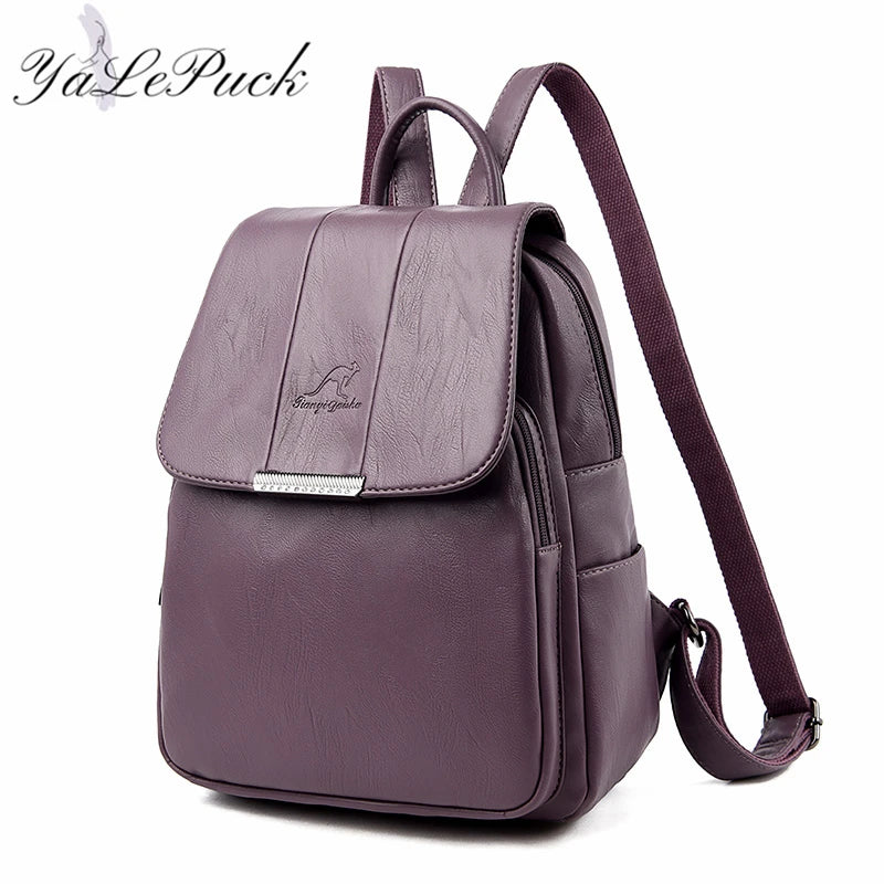 Women's Leather School Backpack Large Capacity Multifunction Shoulder Bag