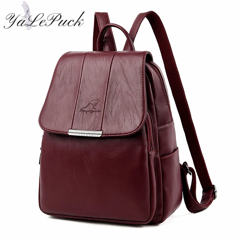 Women's Leather School Backpack Large Capacity Multifunction Shoulder Bag