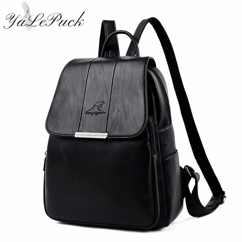 Women's Leather School Backpack Large Capacity Multifunction Shoulder Bag
