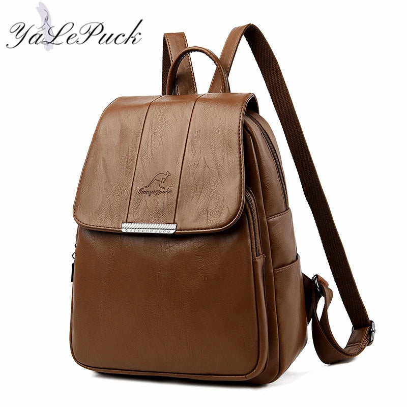 Women's Leather School Backpack Large Capacity Multifunction Shoulder Bag