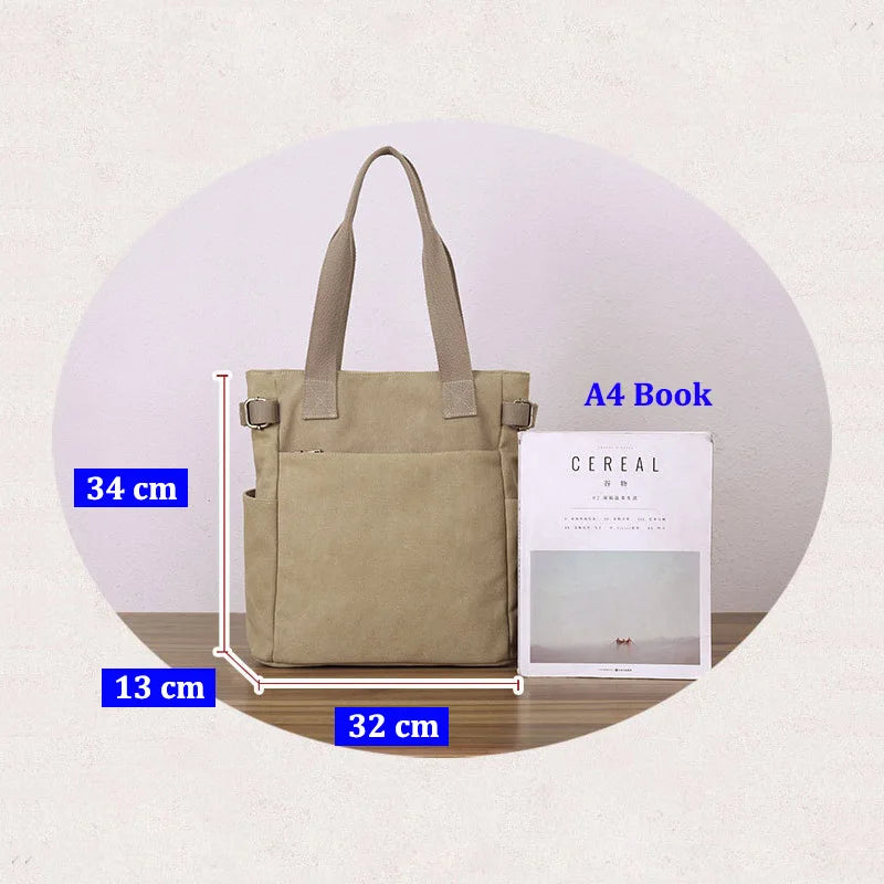 Canvas Tote Shoulder Bag Large Casual Handbag Zipper Khaki Rice
