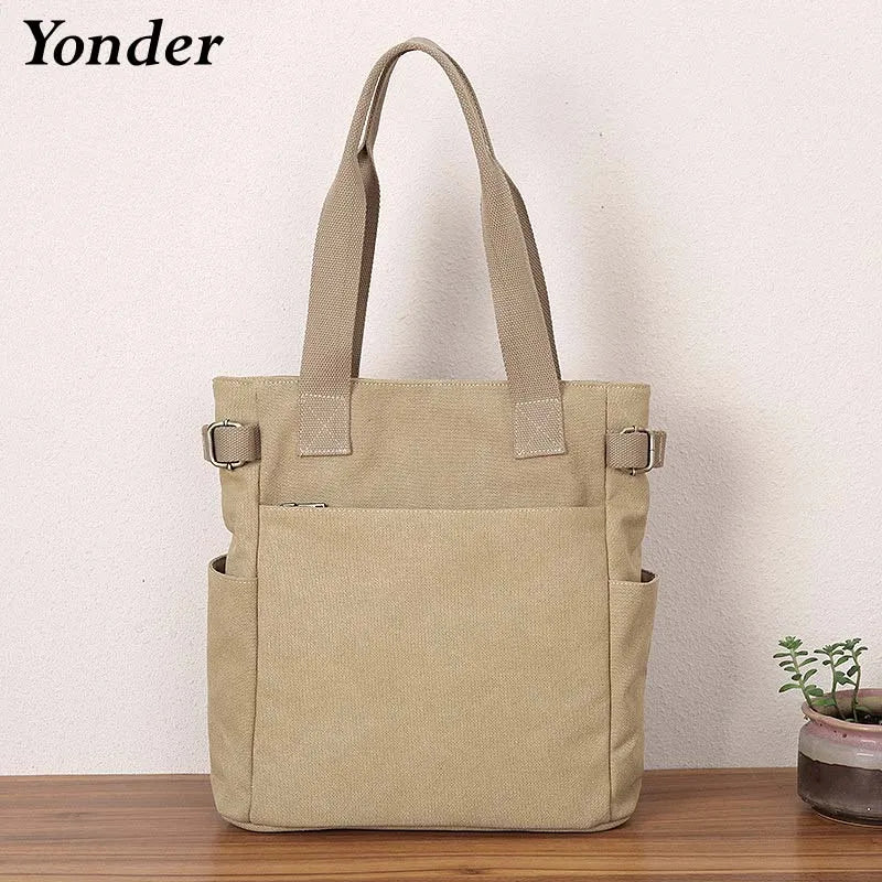 Canvas Tote Shoulder Bag Large Casual Handbag Zipper Khaki Rice