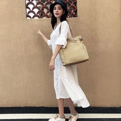 Canvas Tote Shoulder Bag Large Casual Handbag Zipper Khaki Rice