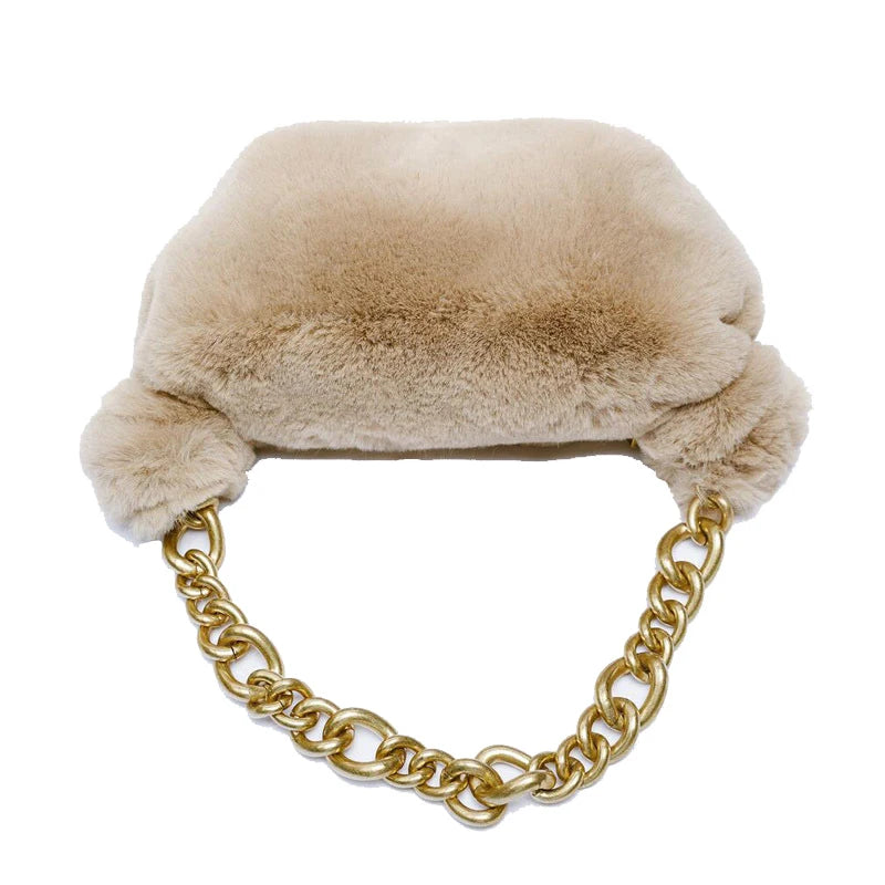 Thick Metal Chains Plush Women Shoulder Bags Handbags Faux Fur Tote