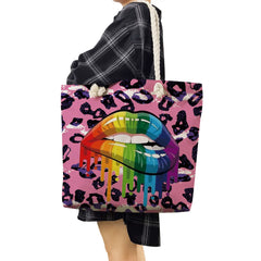 Leopard Rainbow Lips Printed Tote Bag Female Polyester Handbags For Women