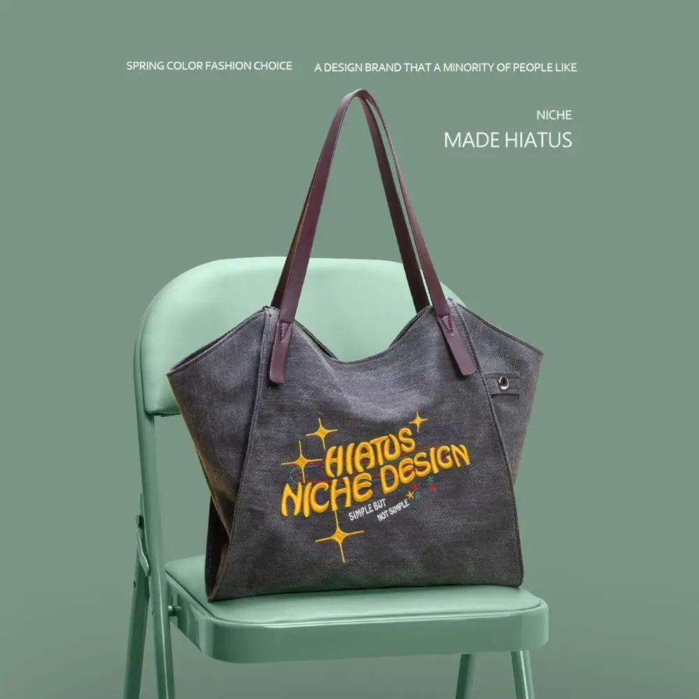 Eco Canvas Tote Bag for Women Embroidered Letters Shoulder Bag