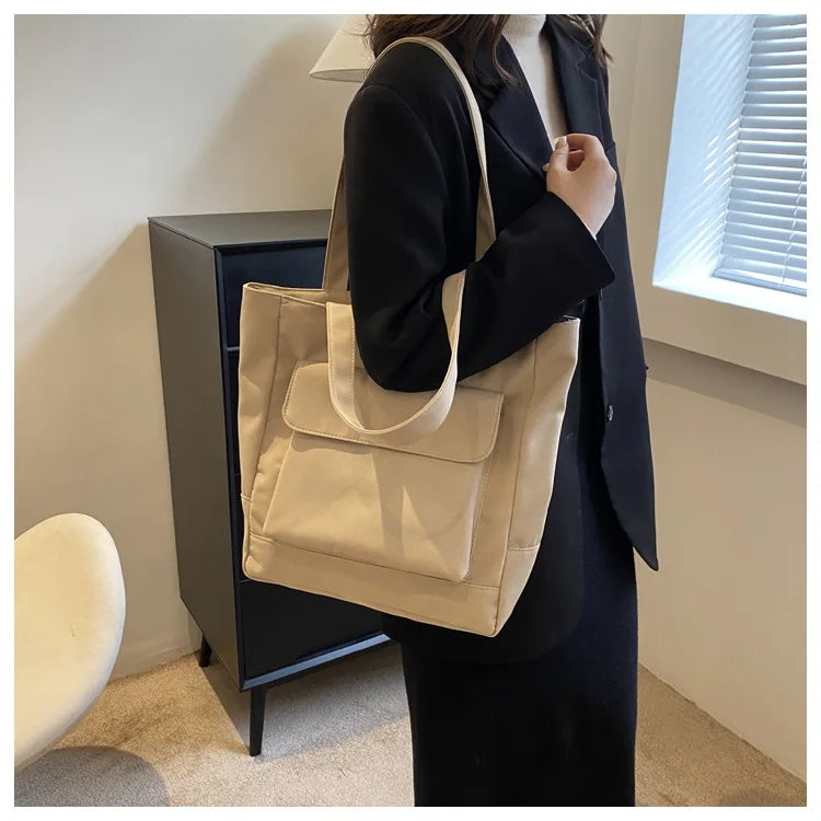 Canvas Tote Bag Women Large Capacity Shoulder Handbag Multiple Pockets