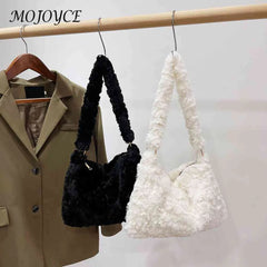 Retro Warm Fluffy Tote Purse for Women Soft Plush Zipper Small