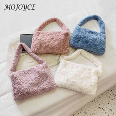 Retro Warm Fluffy Tote Purse for Women Soft Plush Zipper Small