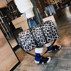 Leopard Print Travel Duffle Bag Women PU Leather Carry-On Tote Weekender