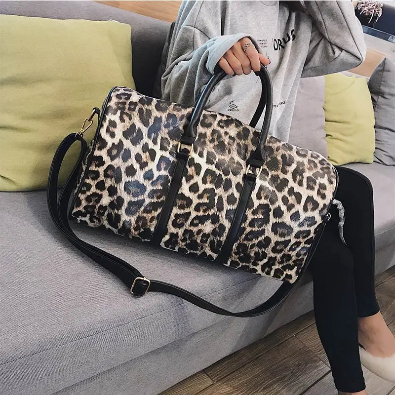 Leopard Print Travel Duffle Bag Women PU Leather Carry-On Tote Weekender