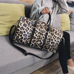 Leopard Print Travel Duffle Bag Women PU Leather Carry-On Tote Weekender