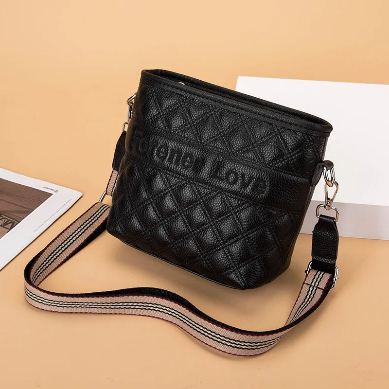 Leather Bucket Tote Shoulder Bag Plaid Messenger