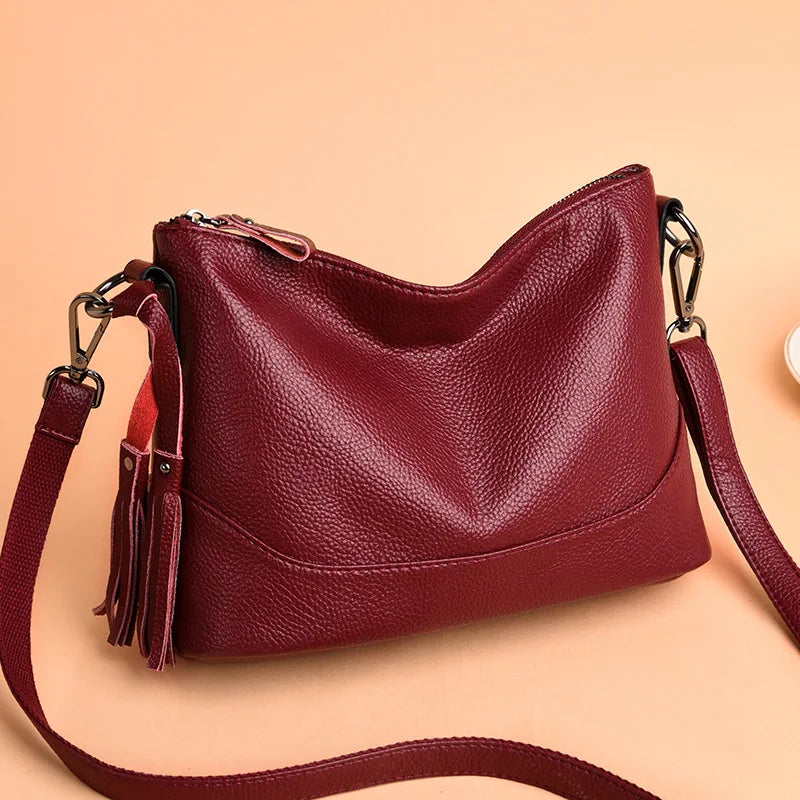 Vintage Leather Tassel Handbag Women's Casual Hobo Tote Shoulder Bag