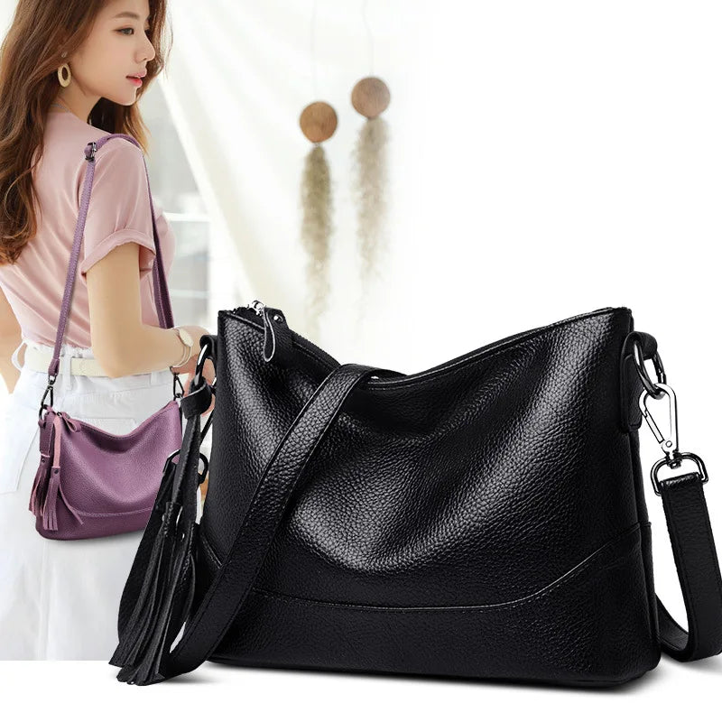 Vintage Leather Tassel Handbag Women's Casual Hobo Tote Shoulder Bag