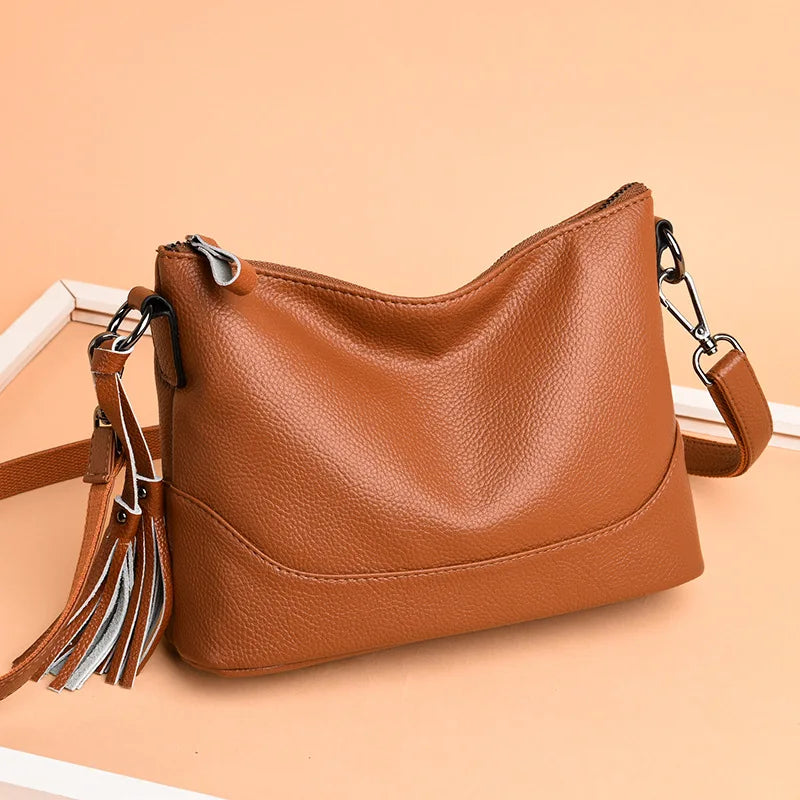 Vintage Leather Tassel Handbag Women's Casual Hobo Tote Shoulder Bag