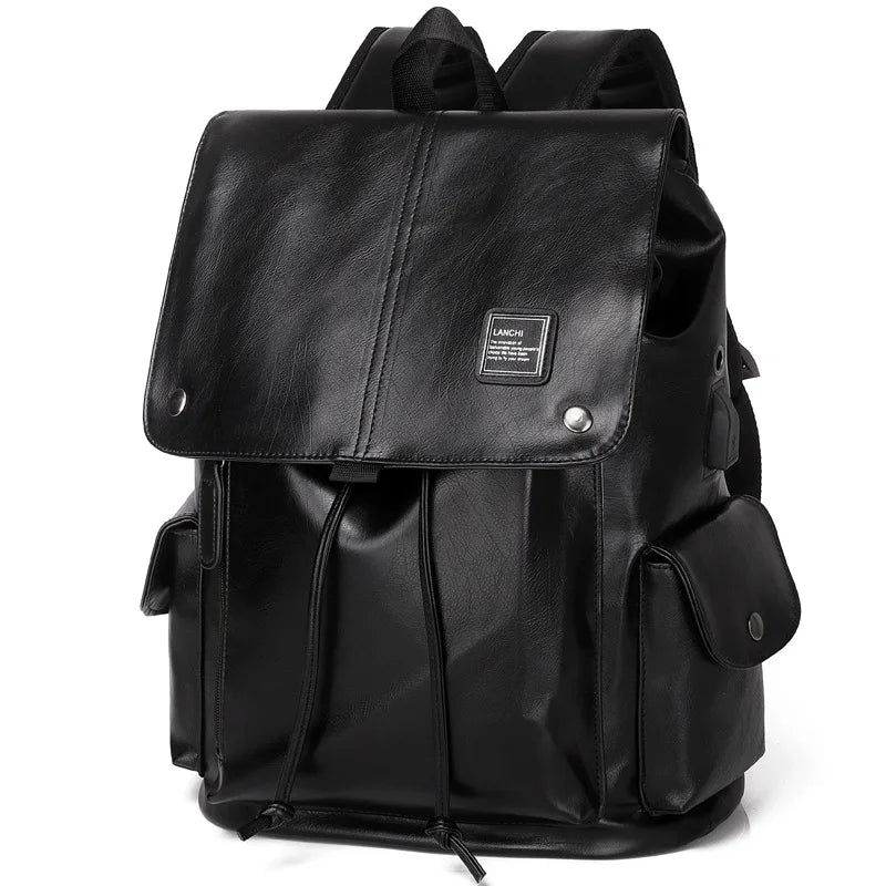 Men's Backpack Solid Large Capacity PU Leather School Bag