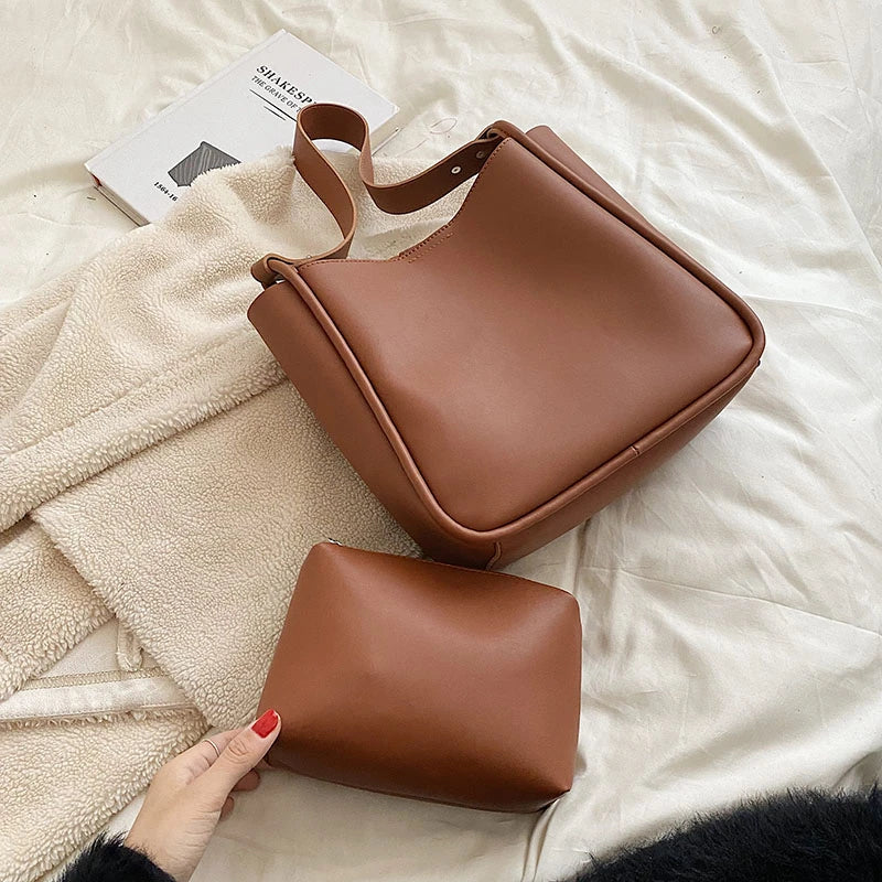 Daily Bucket Women Shoulder Bags PU Leather Handbag Business Tote
