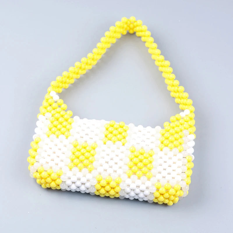 Yellow Plaid Beaded Armpit Bag Acrylic Handbag