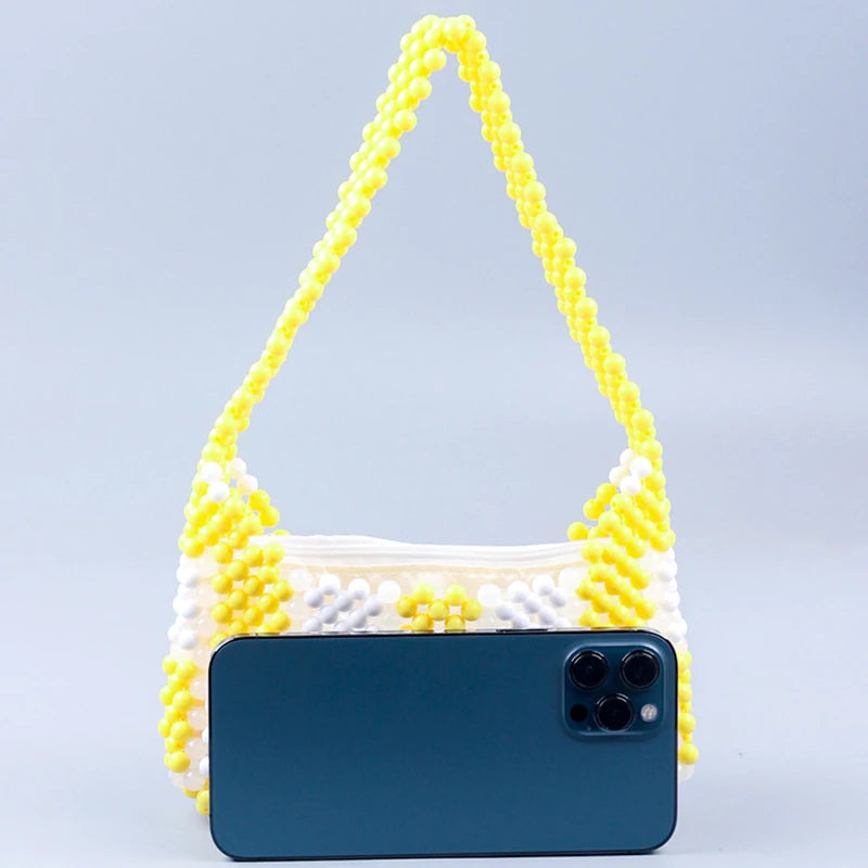 Yellow Plaid Beaded Armpit Bag Acrylic Handbag