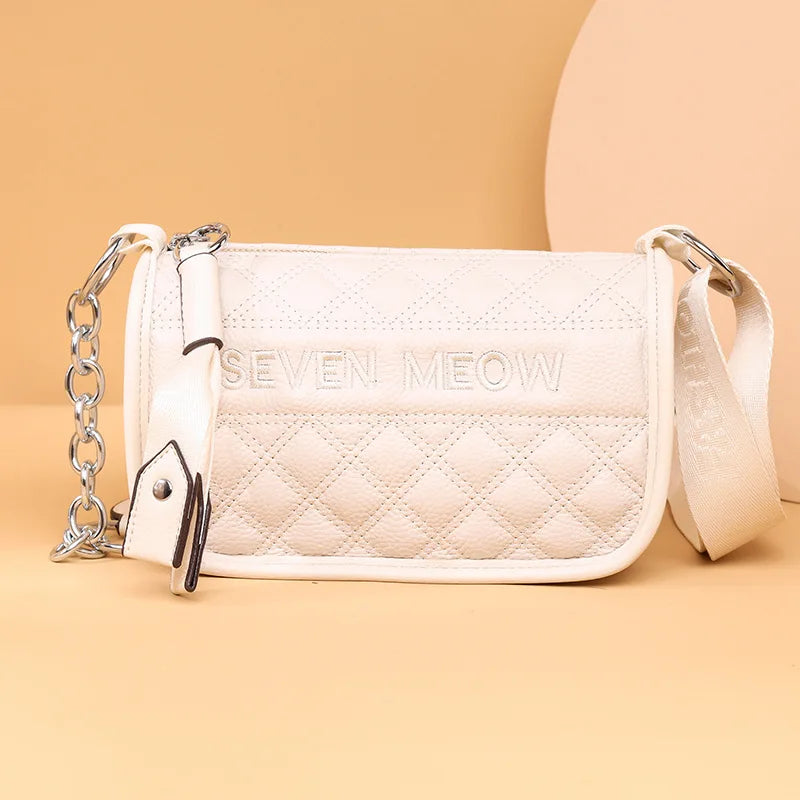 Plaid Letter Handbags Leather Vintage Tote Chain Shoulder Bags