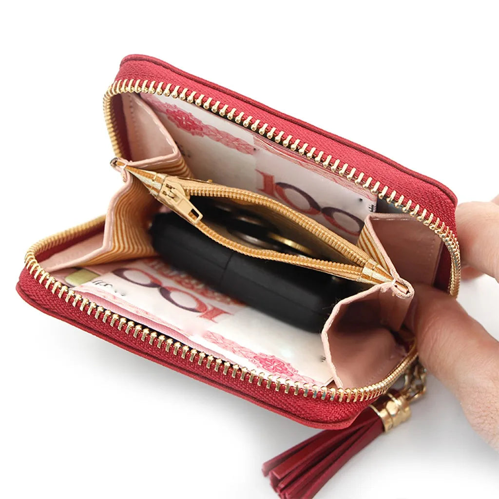 Tassel Solid Leather Short Wallet Holder