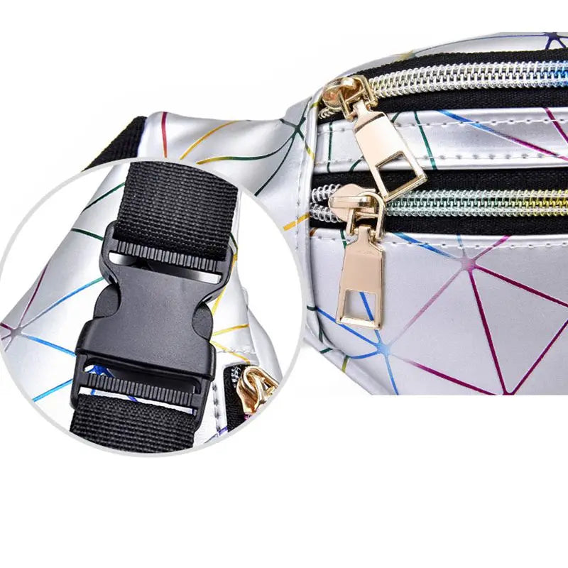 Women Silver Fanny Pack Geometric Waist Bags Chest Phone Belt Bag