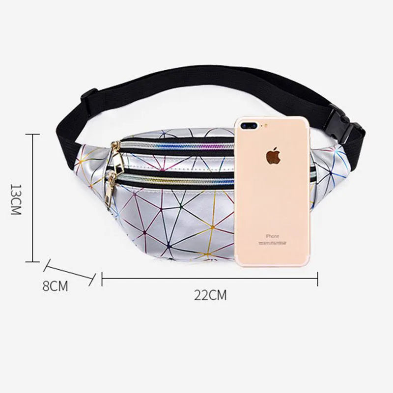Women Silver Fanny Pack Geometric Waist Bags Chest Phone Belt Bag