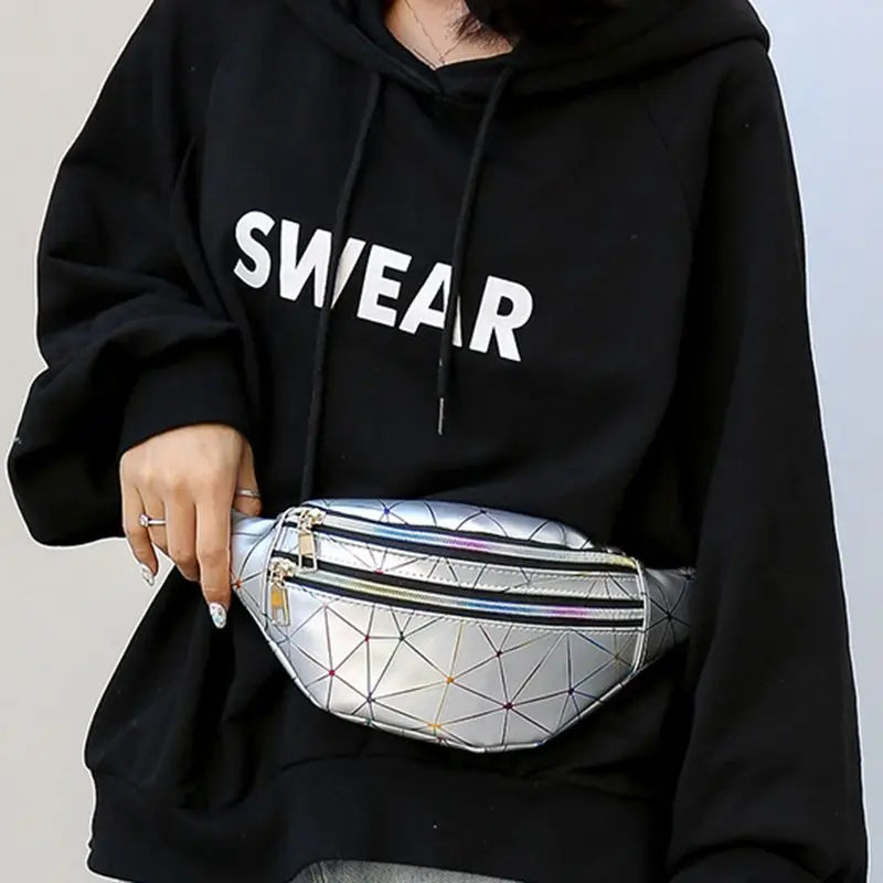 Women Silver Fanny Pack Geometric Waist Bags Chest Phone Belt Bag