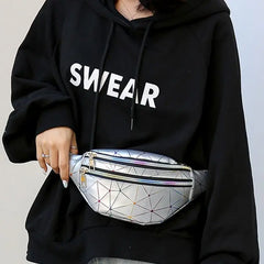 Women Silver Fanny Pack Geometric Waist Bags Chest Phone Belt Bag