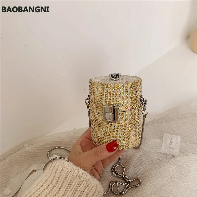 Sequins Lipstick Bag Chains PU Leather Mini Purses Handbags
