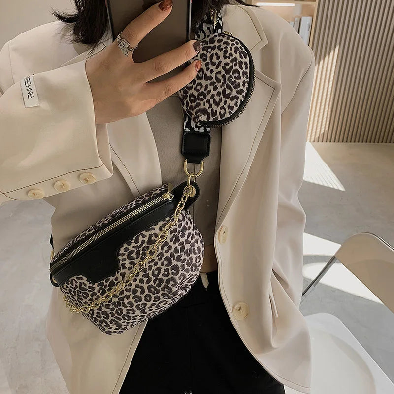 Leopard Print Crossbody Belt Bag Woman Chest Phone Banana Bag