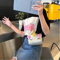 Unicorn Bag for Girls Travel Women Cartoon Printing Shoulder Bags Sequins Leathe