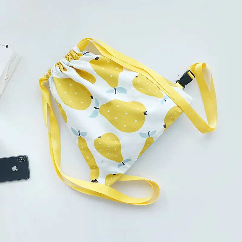 Fruit Print Canvas Drawstring Backpack Women Large Capacity Rucksack