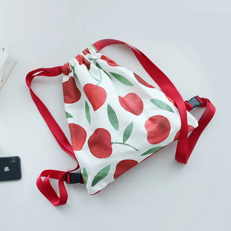 Fruit Print Canvas Drawstring Backpack Women Large Capacity Rucksack