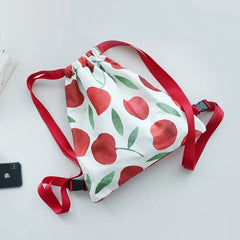 Fruit Print Canvas Drawstring Backpack Women Large Capacity Rucksack