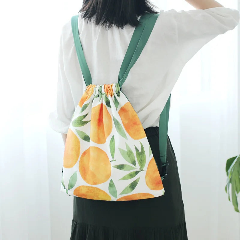 Fruit Print Canvas Drawstring Backpack Women Large Capacity Rucksack
