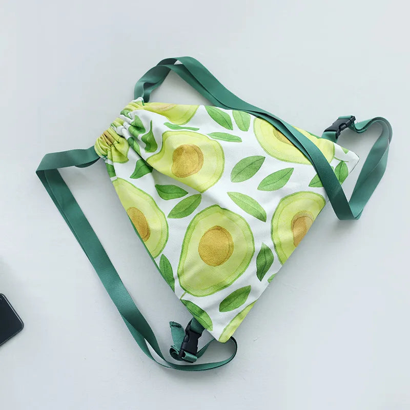 Fruit Print Canvas Drawstring Backpack Women Large Capacity Rucksack