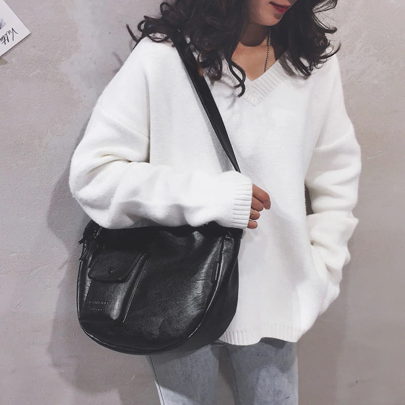 Vintage Hobos Pocket Bags Women Shoulder Bag PU Leather Letters Crossbody Bags