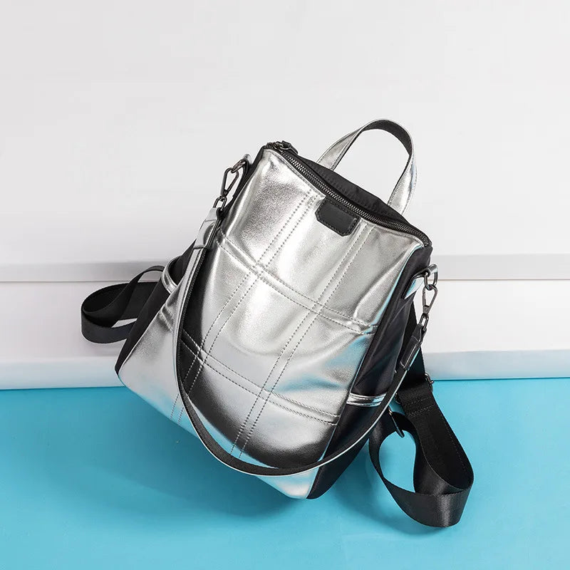 Vintage School Shoulder Bag Backpack Silver Leather Teenage B42-74